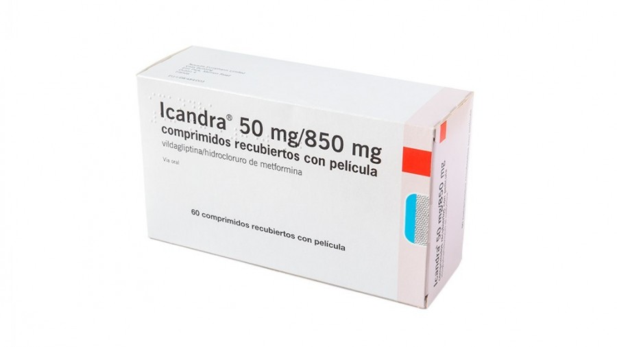 ICANDRA 50 mg/850 mg COMPRIMIDOS RECUBIERTOS CON PELICULA, 60 comprimidos fotografía del envase.