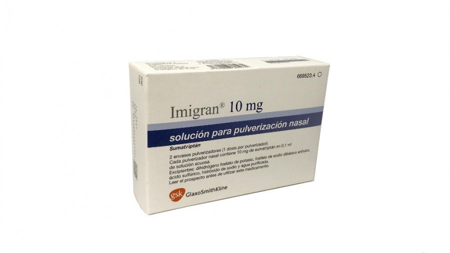 IMIGRAN 10 mg SOLUCION PARA PULVERIZACION NASAL. , 2 envases pulverizadores de 0,1 dosis fotografía del envase.