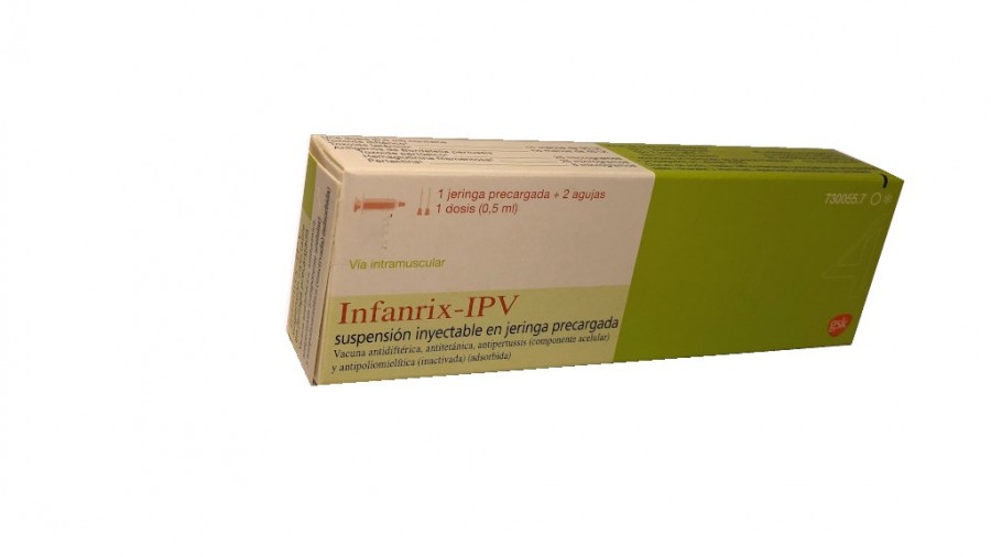 INFANRIX-IPV SUSPENSION INYECTABLE EN JERINGA PRECARGADA, 1 jeringa precargada de 0,5 ml + 2 agujas fotografía del envase.
