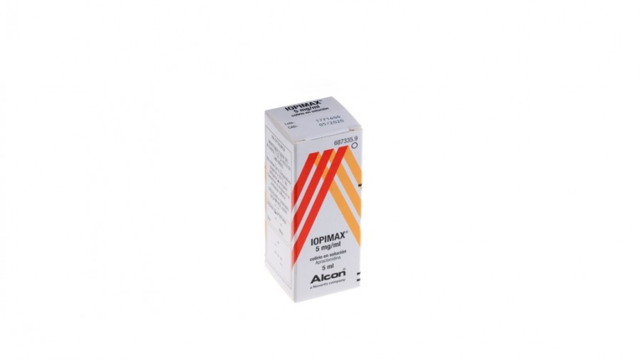 IOPIMAX 5 mg/ml COLIRIO EN SOLUCION, 1 frasco de 5 ml fotografía del envase.