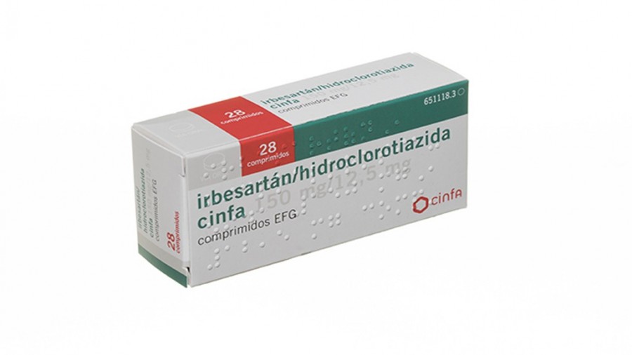 IRBESARTAN/HIDROCLOROTIAZIDA CINFA 150 mg/12,5 mg COMPRIMIDOS EFG, 28 comprimidos fotografía del envase.