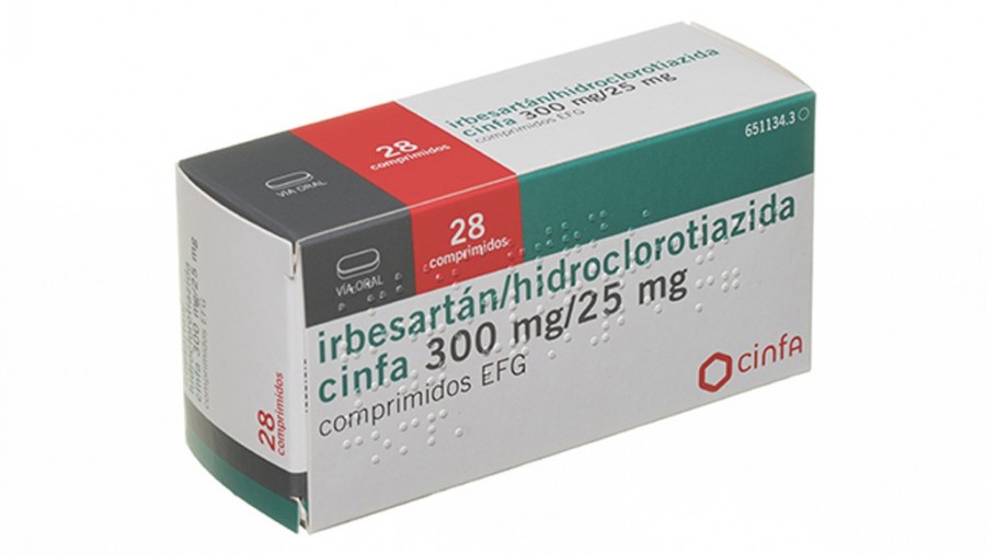 IRBESARTAN/HIDROCLOROTIAZIDA CINFA 300 mg/25 mg COMPRIMIDOS EFG, 28 comprimidos fotografía del envase.