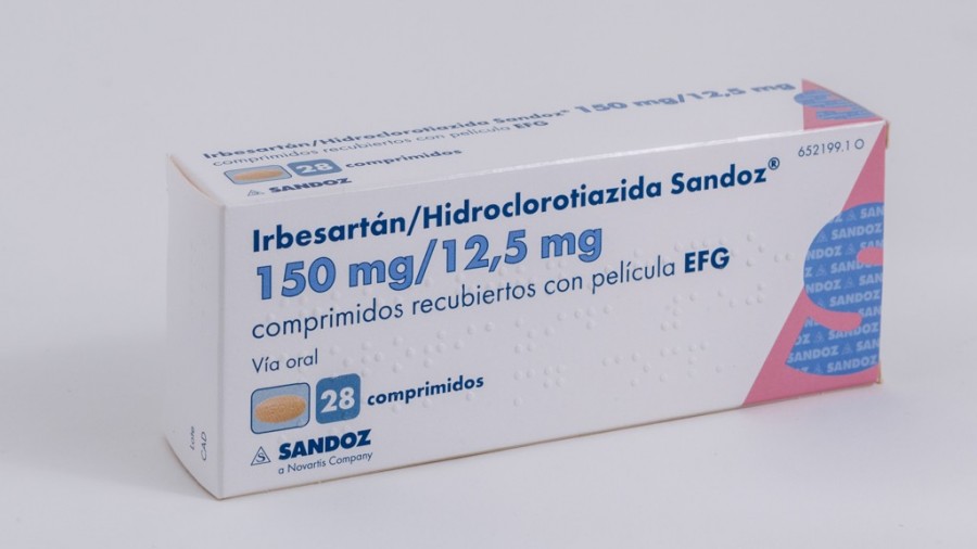IRBESARTAN/HIDROCLOROTIAZIDA SANDOZ 150  mg/12,5 mg COMPRIMIDOS RECUBIERTOS CON PELICULA EFG , 28 comprimidos fotografía del envase.