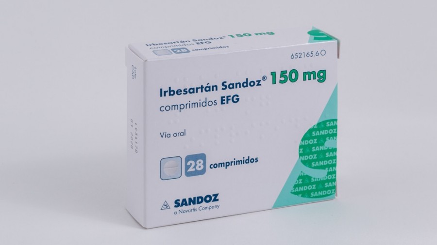 IRBESARTAN SANDOZ 150 mg COMPRIMIDOS EFG, 28 comprimidos fotografía del envase.