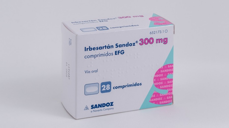 IRBESARTAN SANDOZ 300 mg COMPRIMIDOS EFG, 28 comprimidos fotografía del envase.