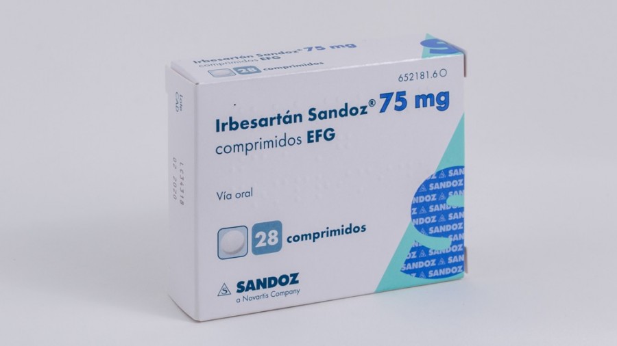 IRBESARTAN SANDOZ 75 mg COMPRIMIDOS EFG, 28 comprimidos fotografía del envase.
