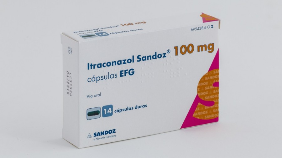 ITRACONAZOL SANDOZ 100 mg CAPSULAS DURAS EFG , 14 cápsulas fotografía del envase.