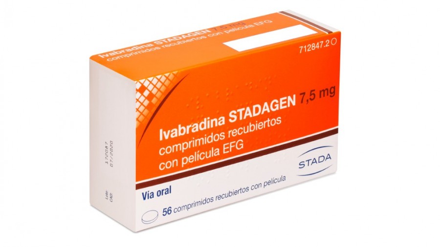 Ivabradina STADAGEN 7,5 mg comprimidos recubiertos con pelicula EFG, 56 comprimidos fotografía del envase.