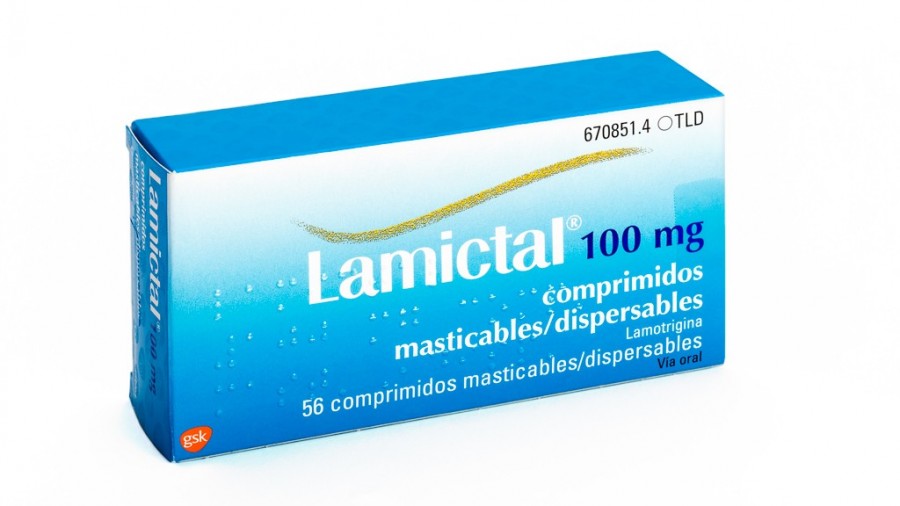 LAMICTAL 100 mg COMPRIMIDOS MASTICABLES/DISPERSABLES, 56 comprimidos fotografía del envase.