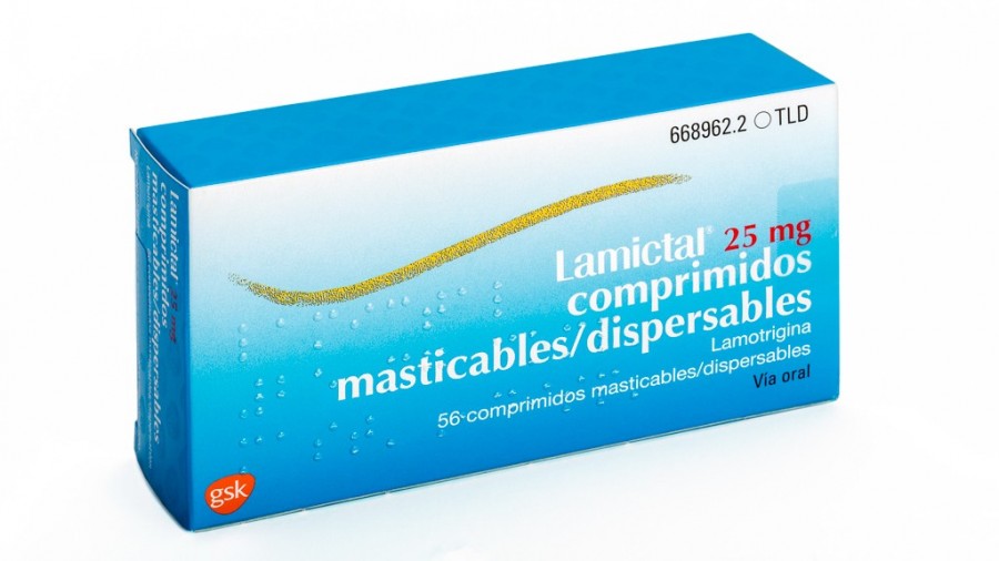LAMICTAL 25 mg COMPRIMIDOS MASTICABLES/DISPERSABLES , 42 comprimidos fotografía del envase.