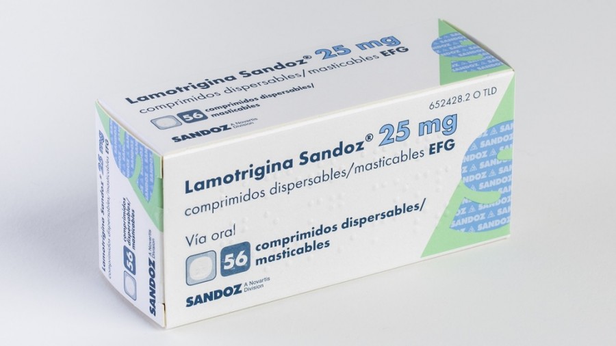 LAMOTRIGINA SANDOZ 25 mg COMPRIMIDOS DISPERSABLES/MASTICABLES EFG , 56 comprimidos fotografía del envase.