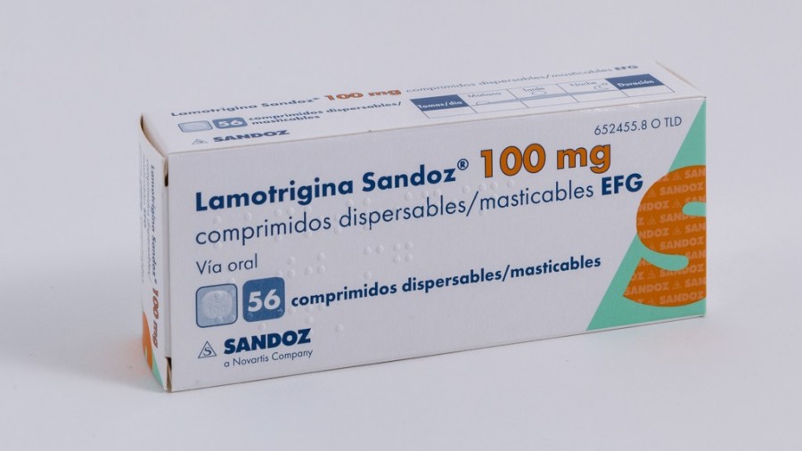 LAMOTRIGINA SANDOZ 100 mg COMPRIMIDOS DISPERSABLES/MASTICABLES EFG, 56 comprimidos fotografía del envase.