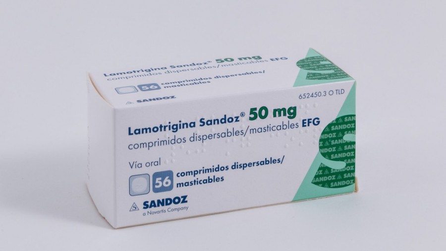 LAMOTRIGINA SANDOZ 50 mg COMPRIMIDOS DISPERSABLES/MASTICABLES EFG, 56 comprimidos fotografía del envase.