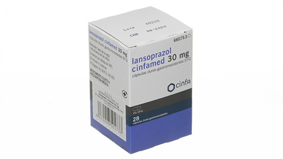 LANSOPRAZOL CINFAMED 30 mg CAPSULAS GASTRORRESISTENTES EFG, 28 cápsulas fotografía del envase.