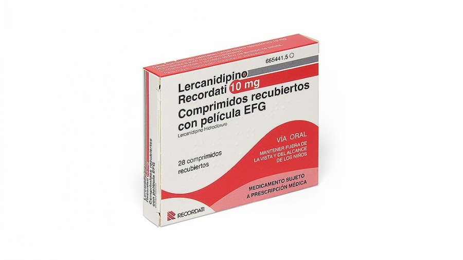 LERCANIDIPINO RECORDATI 10 mg COMPRIMIDOS RECUBIERTOS CON PELICULA EFG , 28 comprimidos fotografía del envase.