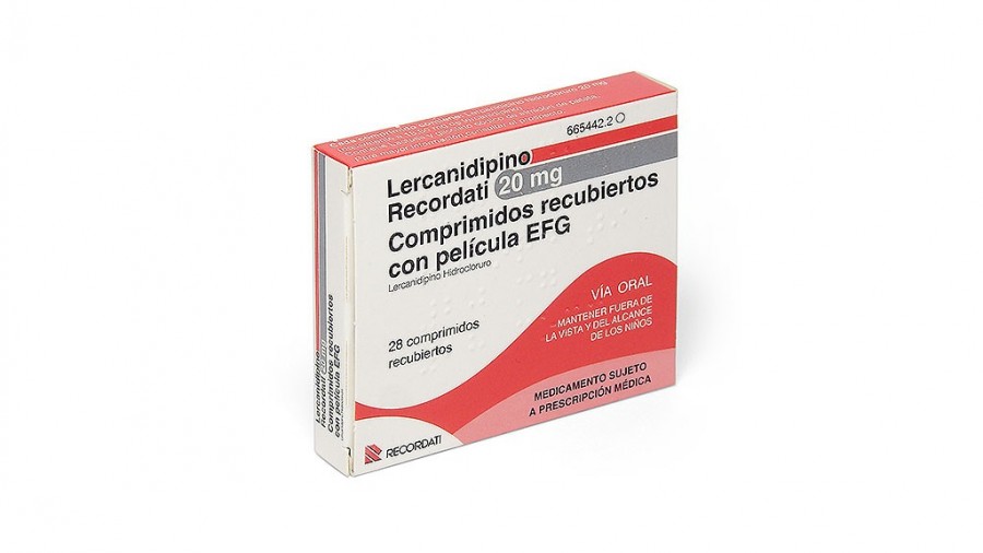LERCANIDIPINO RECORDATI 20 mg COMPRIMIDOS RECUBIERTOS CON PELICULA EFG , 28 comprimidos fotografía del envase.