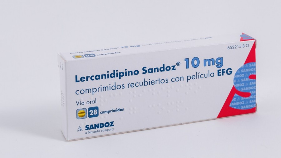 LERCANIDIPINO SANDOZ 10 mg COMPRIMIDOS RECUBIERTOS CON PELICULA EFG , 28 comprimidos (Blister Aluminio/PVDC) fotografía del envase.
