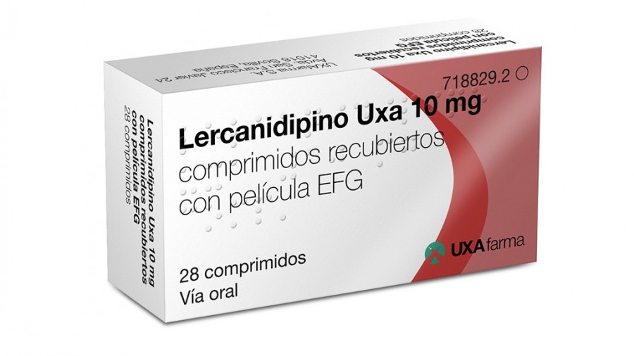 Lercanidipino Uxa 10 mg comprimidos recubiertos con pelicula EFG, 28 comprimidos fotografía del envase.
