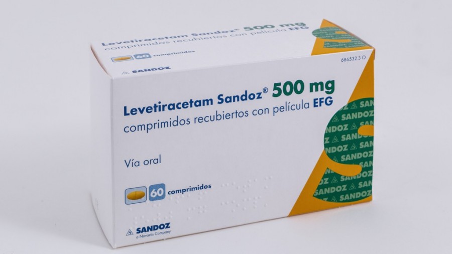 LEVETIRACETAM SANDOZ 500 mg COMPRIMIDOS RECUBIERTOS CON PELICULA EFG,60 comprimidos (frasco) fotografía del envase.
