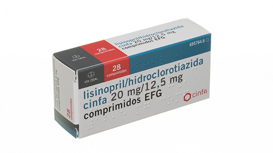 LISINOPRIL/HIDROCLOROTIAZIDA CINFA 20 MG/12, 5 MG COMPRIMIDOS EFG, 28 comprimidos fotografía del envase.
