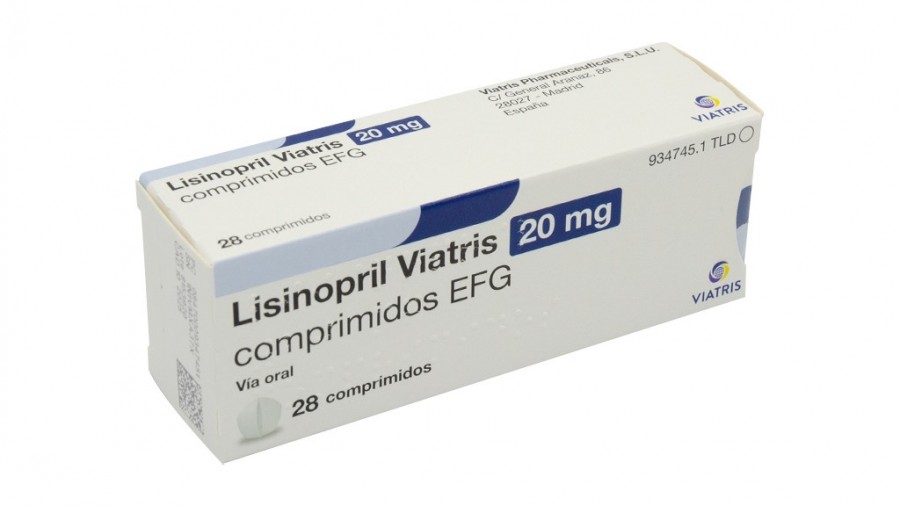 LISINOPRIL VIATRIS 20 mg COMPRIMIDOS EFG, 28 comprimidos fotografía del envase.