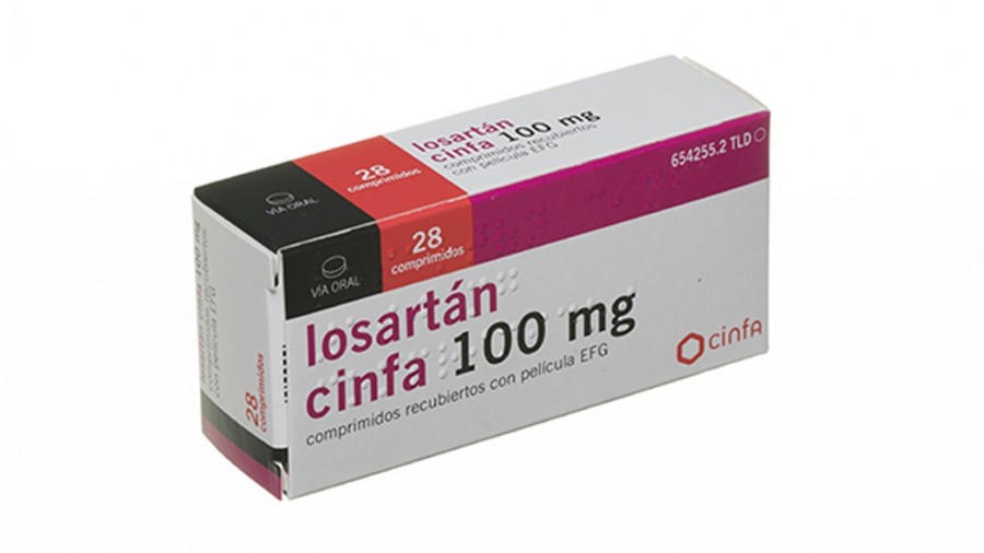 LOSARTAN CINFA 100 mg COMPRIMIDOS RECUBIERTOS CON PELICULA EFG, 28 comprimidos fotografía del envase.