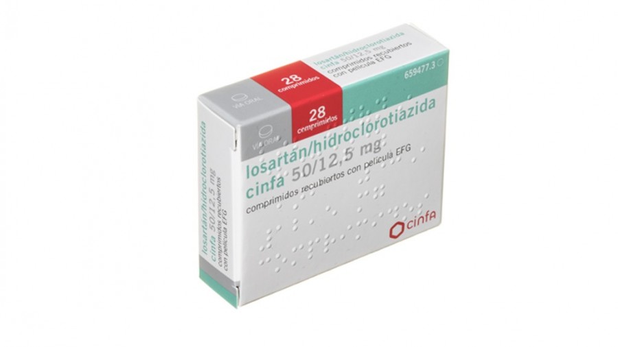 LOSARTAN/HIDROCLOROTIAZIDA CINFA 50 mg/ 12,5 mg COMPRIMIDOS RECUBIERTOS CON PELICULA EFG , 28 comprimidos fotografía del envase.