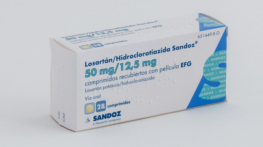 LOSARTAN/HIDROCLOROTIAZIDA SANDOZ 50 mg/12.5 mg COMPRIMIDOS RECUBIERTOS CON PELICULA EFG, 28 comprimidos fotografía del envase.