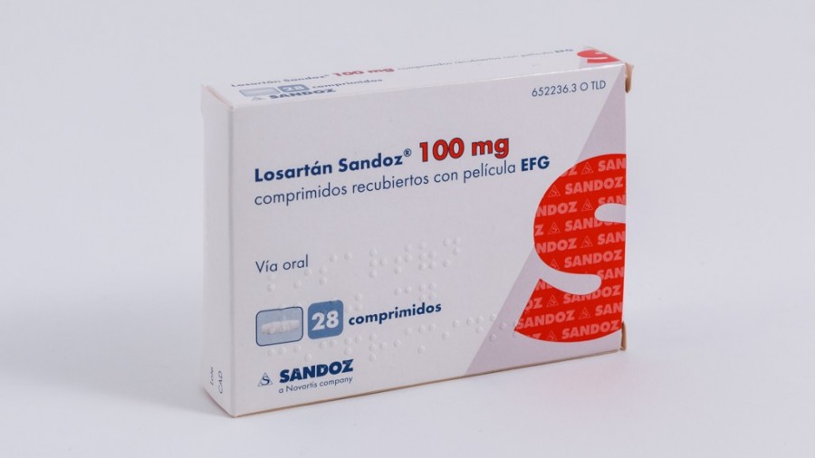 LOSARTAN SANDOZ 100 mg COMPRIMIDOS RECUBIERTOS CON PELICULA EFG , 28 comprimidos (BLISTER) fotografía del envase.