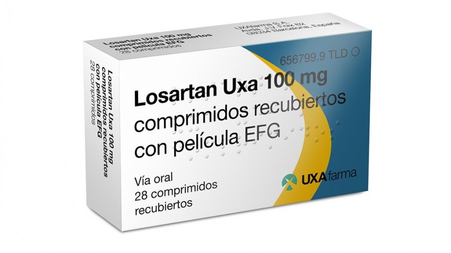LOSARTAN UXA 100 mg, COMPRIMIDOS RECUBIERTOS CON PELICULA EFG, 28 comprimidos fotografía del envase.