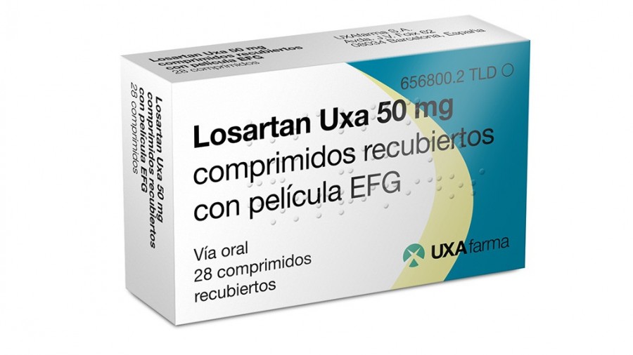 LOSARTAN UXA  50 mg, COMPRIMIDOS RECUBIERTOS CON PELICULA EFG, 28 comprimidos fotografía del envase.