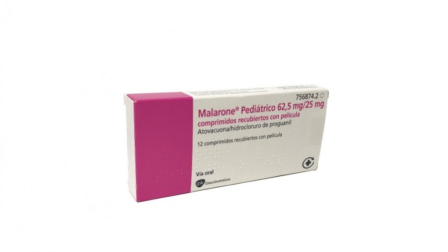MALARONE PEDIATRICO 62,5 mg/25 mg COMPRIMIDOS RECUBIERTOS CON PELICULA, 12 comprimidos fotografía del envase.