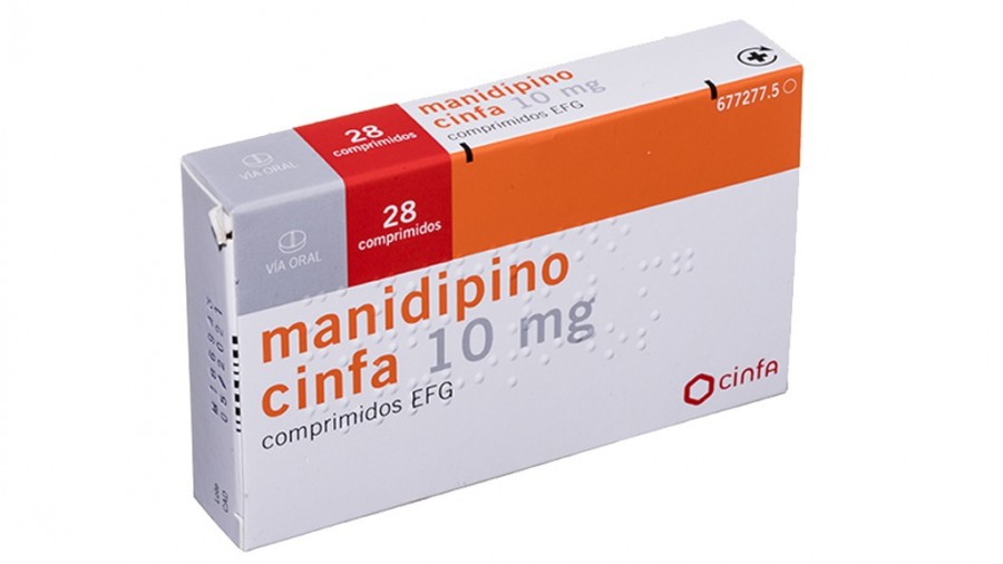 MANIDIPINO CINFA 10 mg COMPRIMIDOS EFG, 28 comprimidos fotografía del envase.