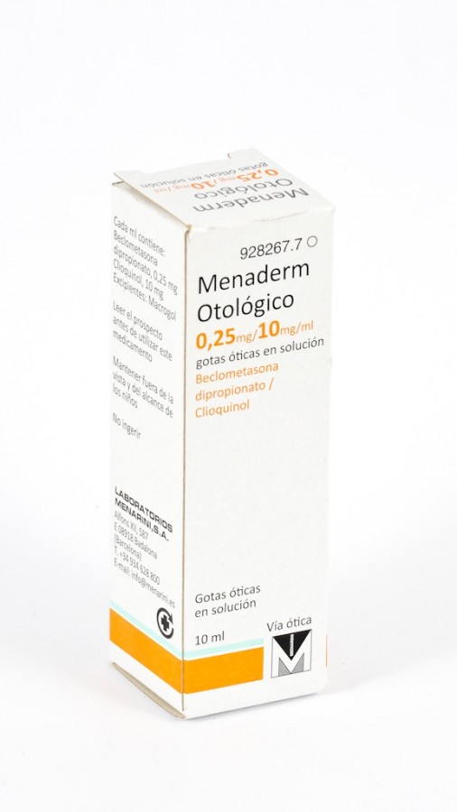 MENADERM OTOLOGICO 0,25 mg/10 mg/ml gotas oticas en solucion , 1 frasco de 10 ml fotografía del envase.