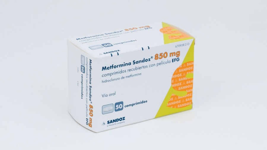 METFORMINA SANDOZ 850 mg COMPRIMIDOS RECUBIERTOS CON PELICULA EFG, 60 comprimidos fotografía del envase.