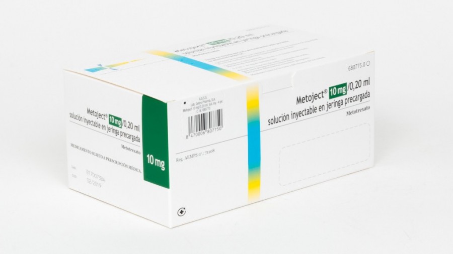 METOJECT 10 mg/ 0,20 ml SOLUCION INYECTABLE EN JERINGA PRECARGADA , 4 jeringas precargadas de 0,2 ml fotografía del envase.