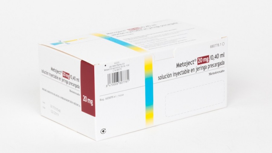 METOJECT 20 mg/ 0,40 ml SOLUCION INYECTABLE EN JERINGA PRECARGADA , 4 jeringas precargadas de 0,4 ml fotografía del envase.