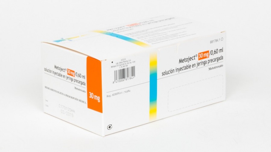 METOJECT 30 mg/0,60 ml SOLUCION INYECTABLE EN JERINGA PRECARGADA , 4 jeringas precargadas de 0,6 ml fotografía del envase.