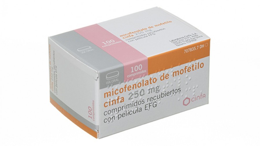 MICOFENOLATO DE MOFETILO CINFA 250 MG COMPRIMIDOS RECUBIERTOS CON PELICULA EFG , 100 comprimidos fotografía del envase.