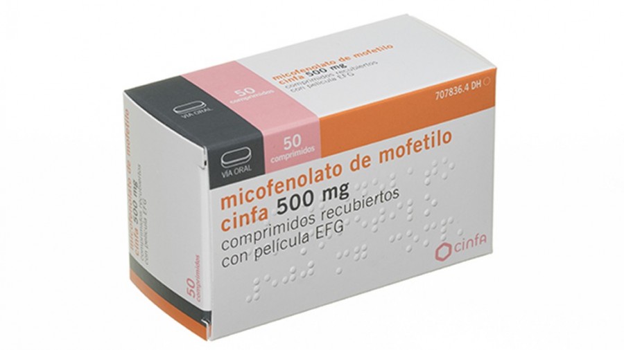 MICOFENOLATO DE MOFETILO CINFA 500 MG COMPRIMIDOS RECUBIERTOS CON PELICULA EFG , 50 comprimidos fotografía del envase.