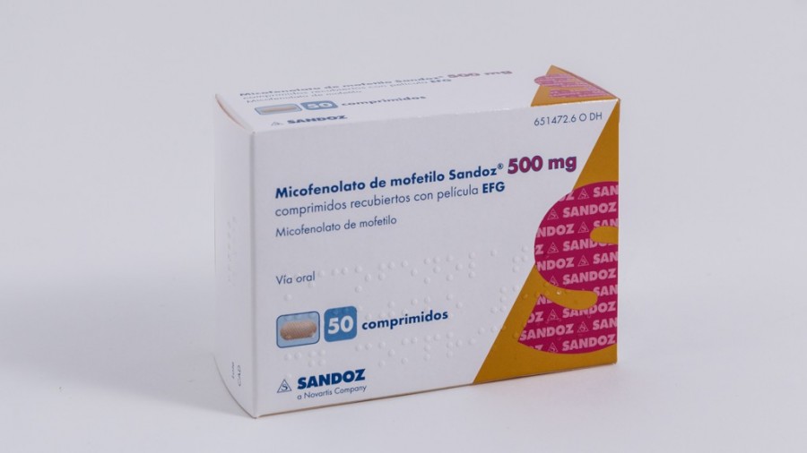 MICOFENOLATO DE MOFETILO SANDOZ 500 mg COMPRIMIDOS RECUBIERTOS CON PELICULA EFG, 50 comprimidos fotografía del envase.