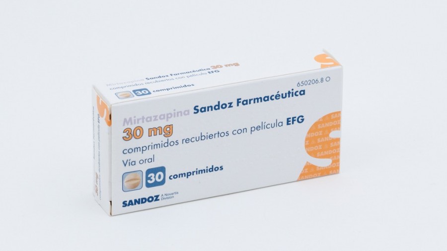 MIRTAZAPINA SANDOZ FARMACÉUTICA 30 mg COMPRIMIDOS RECUBIERTOS CON PELICULA EFG , 30 comprimidos fotografía del envase.