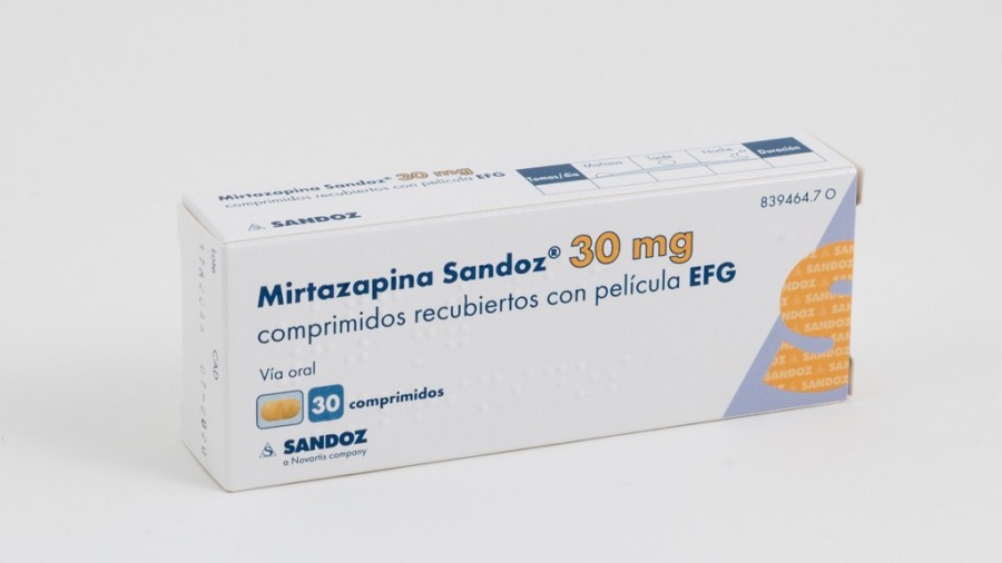 MIRTAZAPINA SANDOZ 30 mg COMPRIMIDOS RECUBIERTOS CON PELICULA EFG , 30 comprimidos fotografía del envase.