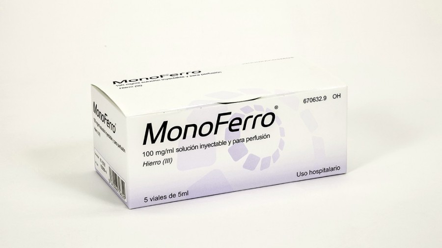 MONOFERRO 100 mg/ml SOLUCION INYECTABLE Y PARA PERFUSION , 5 viales de 5 ml fotografía del envase.