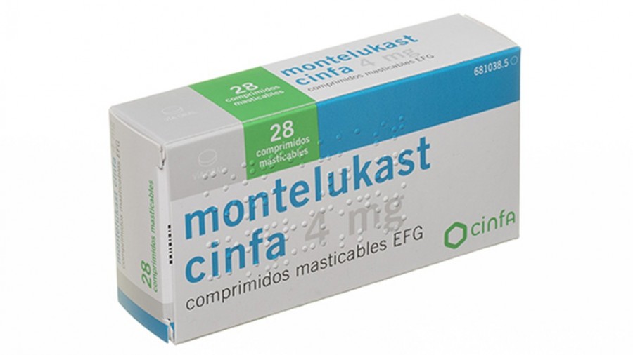 MONTELUKAST CINFA 4 mg COMPRIMIDOS MASTICABLES EFG , 28 comprimidos fotografía del envase.