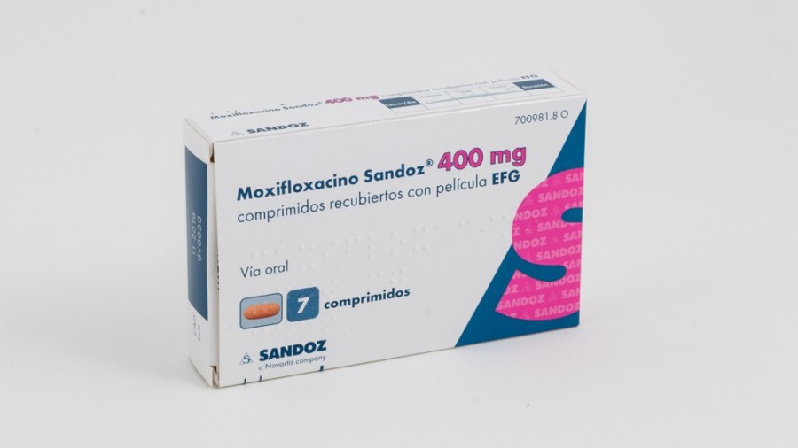 MOXIFLOXACINO SANDOZ 400 MG COMPRIMIDOS RECUBIERTOS CON PELICULA EFG , 5 comprimidos (PVC/PVDC-ALUMINIO) fotografía del envase.