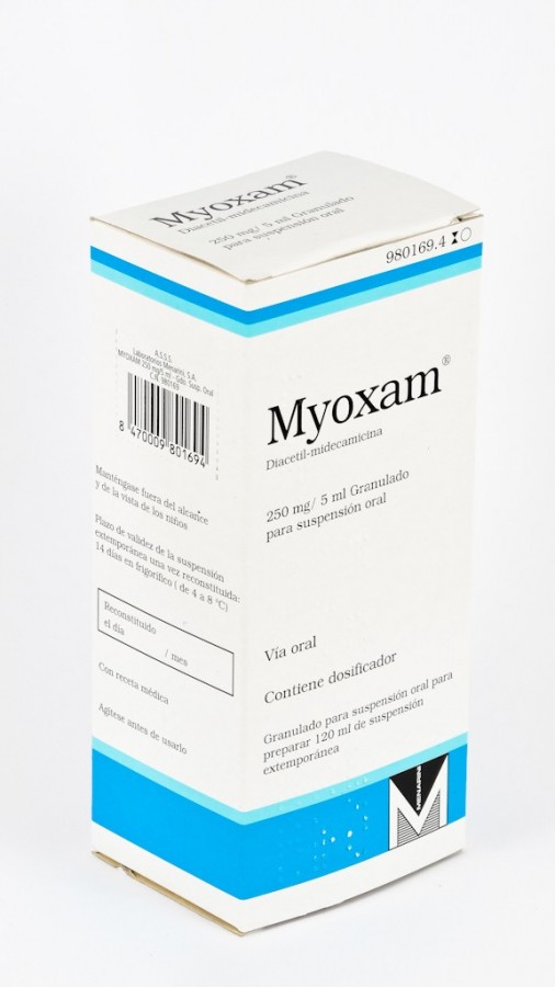 MYOXAM 250mg/5ml GRANULADO PARA SUSPENSION ORAL , 1 frasco de 120 ml fotografía del envase.