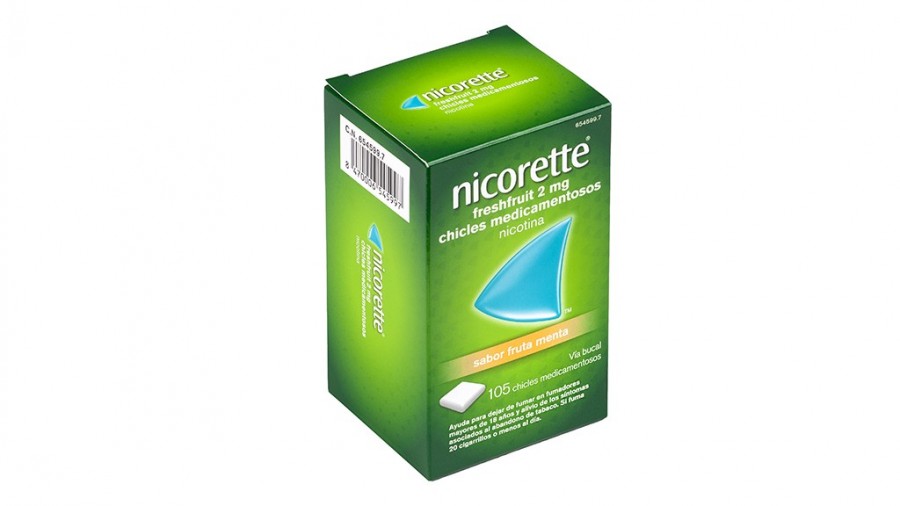NICORETTE FRESHFRUIT 2 mg CHICLES MEDICAMENTOSOS, 105 chicles fotografía del envase.