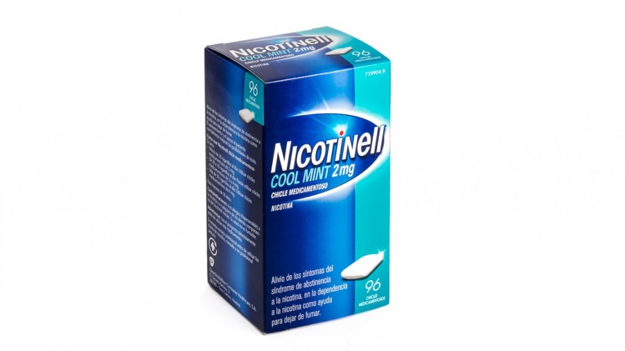 NICOTINELL COOL MINT 2 mg CHICLE MEDICAMENTOSO, 24 chicles fotografía del envase.