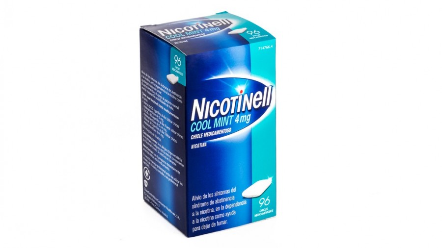 NICOTINELL COOL MINT 4 mg CHICLE MEDICAMENTOSO , 96 chicles fotografía del envase.